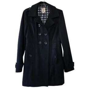 Tulle Black Wool Blend Peacoat Womens Size L Double Breasted Star Print Lining